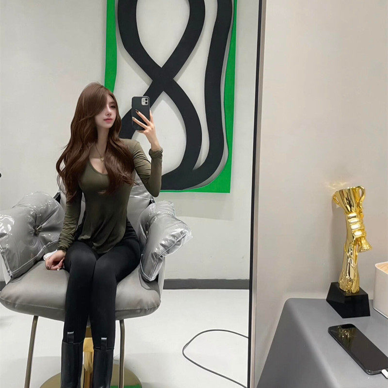 大U领辣妹纯欲性感长袖T恤女修身收腰显身材运动瑜伽撸铁打底上衣