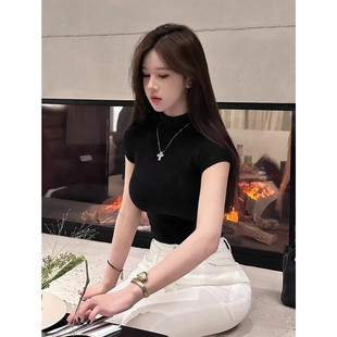 辣妹纯欲性感半高领小飞袖短袖T恤女修身收腰显瘦打底衫百搭上衣