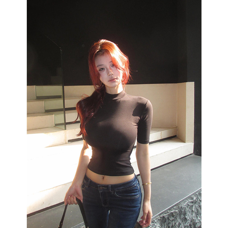 辣妹短款中袖T恤女修身半高领