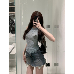 夏季辣妹纯欲风无袖吊带背心女修身显瘦性感烫钻网纱微透打底上衣