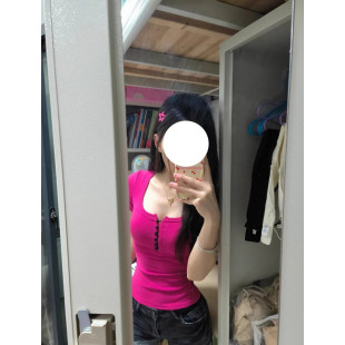 收腰显胸大打底上衣 修身 多巴胺火龙果色辣妹U领纽扣短袖 T恤女夏季
