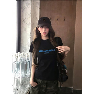 美式复古黑色短袖T恤女夏季修身圆领字母印花显瘦百搭打底衫上衣