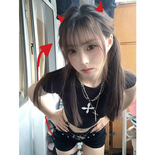 美式辣妹纯欲十字架印花短袖T恤女黑色修身显瘦短款百搭露腰上衣
