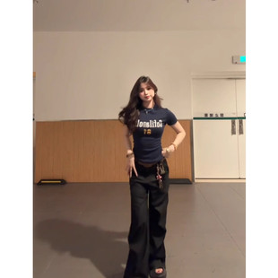 美式高街藏青色短袖t恤女夏季修身显瘦收腰字母球衣印花辣妹上衣