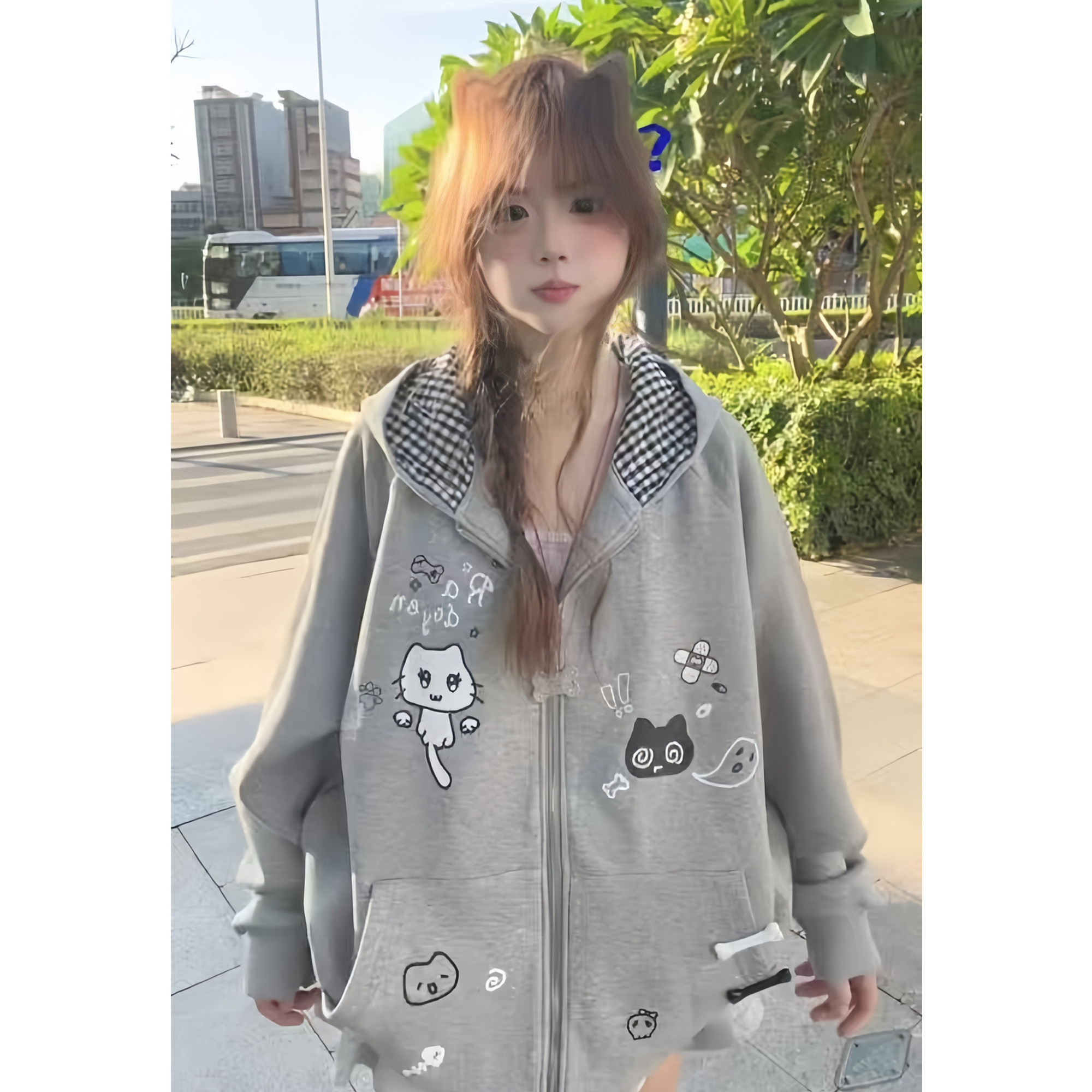 小猫印花卫衣外套女宽松显瘦