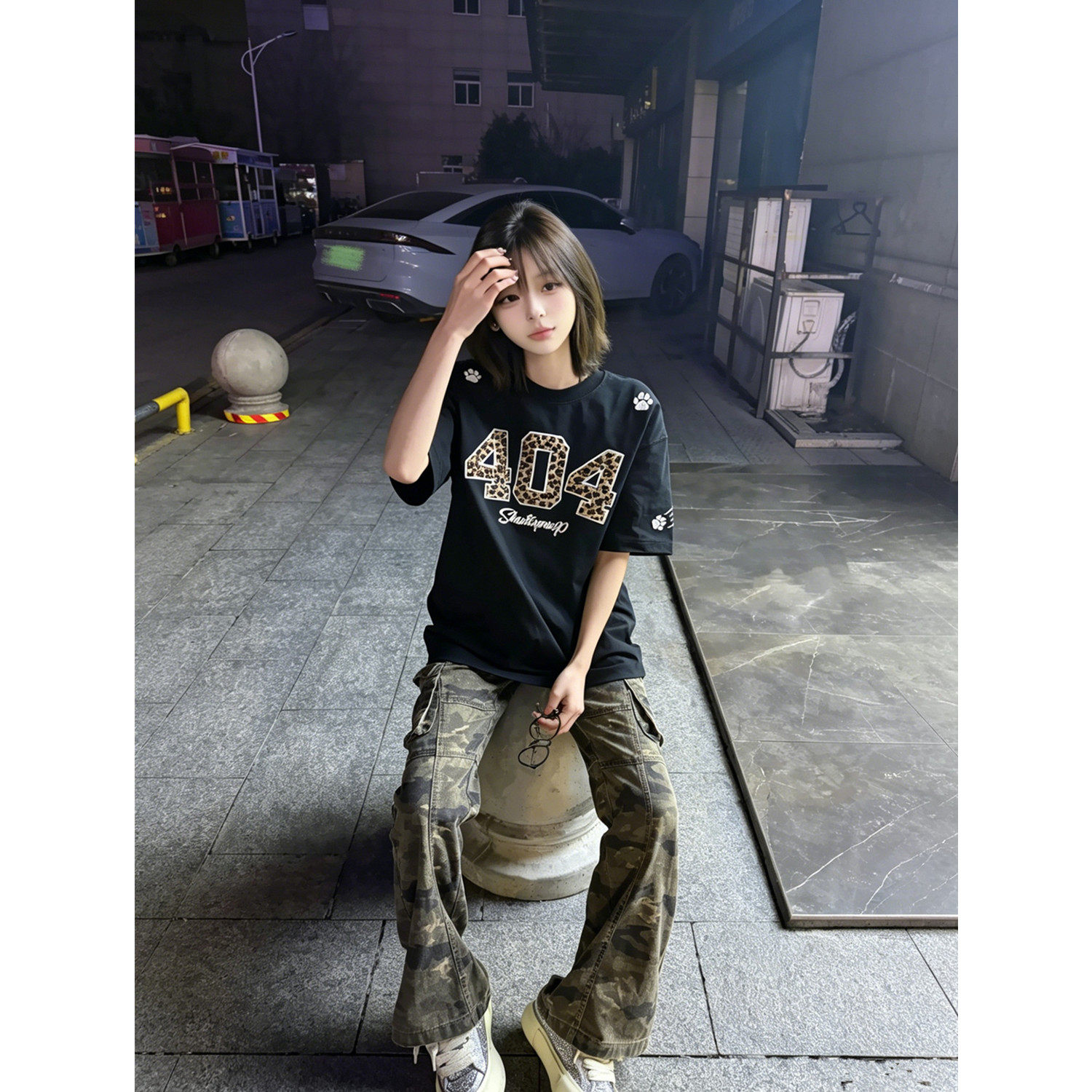 美式复古辣妹高街潮牌豹纹刺绣短袖T恤女夏季宽松慵懒风半袖上衣