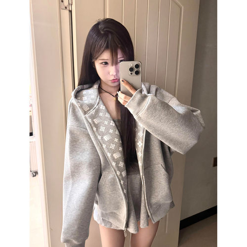 连帽灰色假两件卫衣外套女