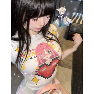 Y2K千禧风亚比设计感星星漫画女孩印花圆领短袖T恤女夏季修身上衣