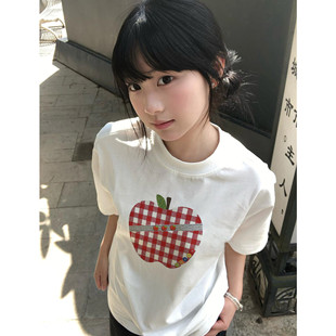 宽松纯棉半袖 T恤女夏季 上衣 苹果印花圆领短袖 设计感小众正肩美式