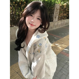 美式高街花卉刺绣连帽卫衣外套女秋冬拉链开衫设计感宽松学生上衣