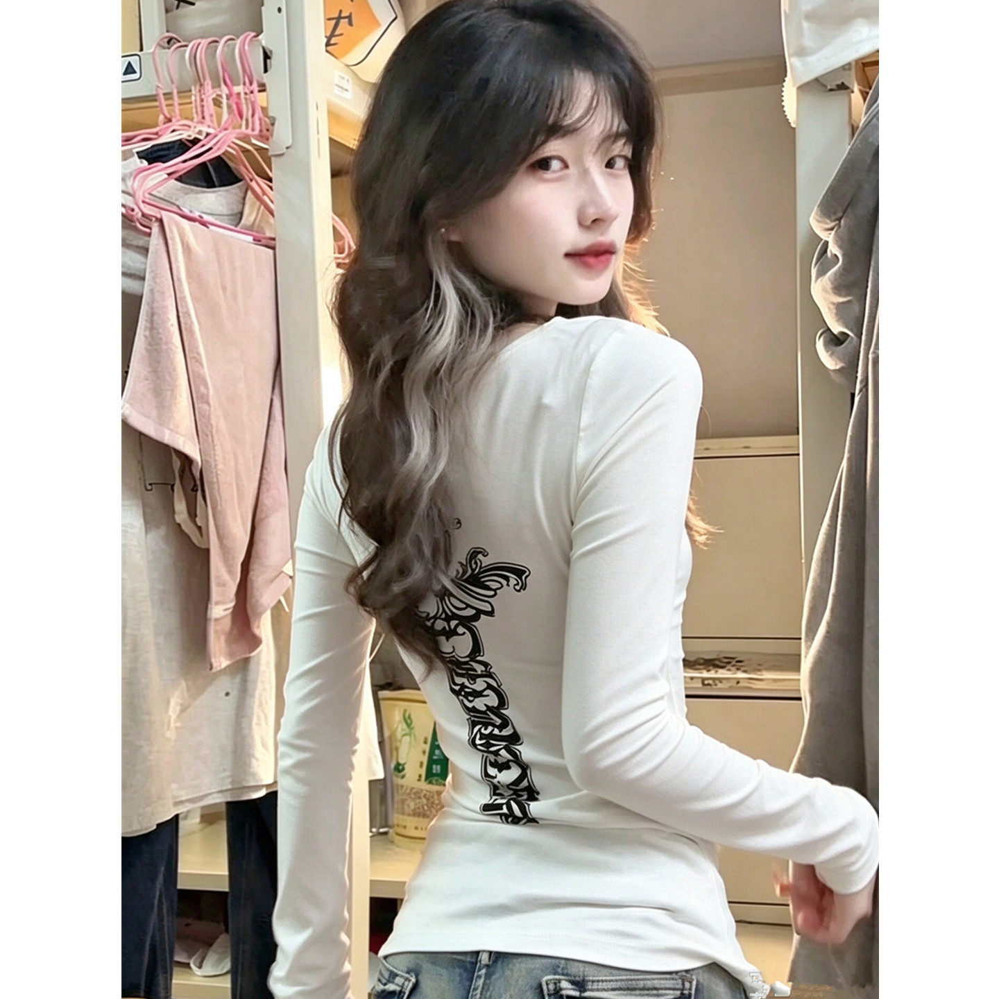 印花长袖T恤女秋季修身