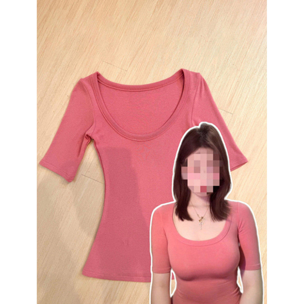 枚红色U领辣妹纯欲风性感五分短袖T恤女夏季修身掐腰漫画身材上衣