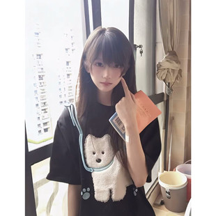 美式复古高街设计感潮牌小狗绣花短袖T恤女夏季宽松打底半袖上衣