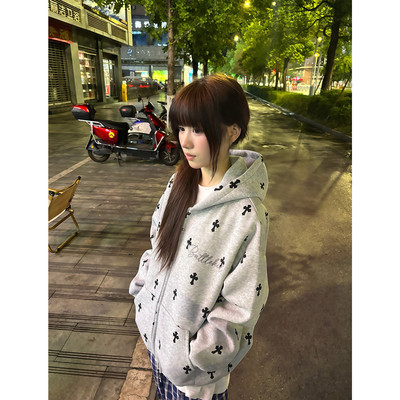 美式复古设计感十字架满印连帽卫衣外套女秋冬季加绒加厚宽松上衣