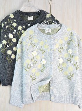 思琪女装2510/27  软和含羊毛拉绒提花立体花朵圆领长袖针织开衫