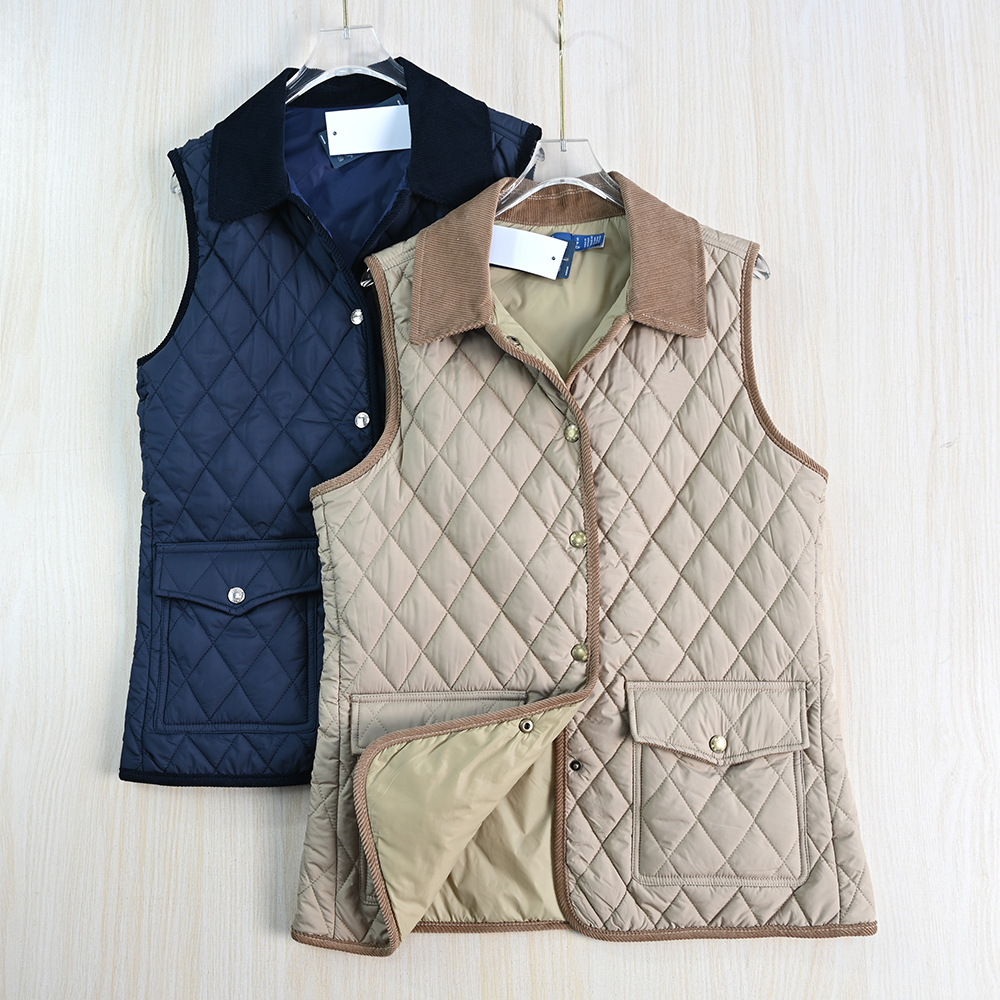 思琪女装257/28 美国单 菱格绗缝灯芯绒拼接翻领修身保暖夹棉马夹