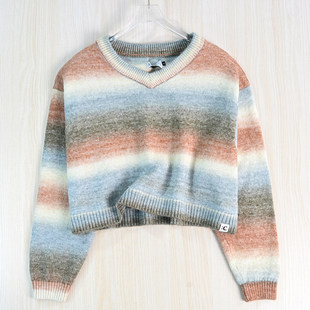 长袖 思琪女装 厚实撞色粗针鸡心领宽松短款 针织毛衣 2512