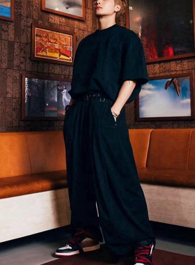 机能风小众设计王嘉尔同款黑色西裤男款美式宽松直筒大摆休闲长裤