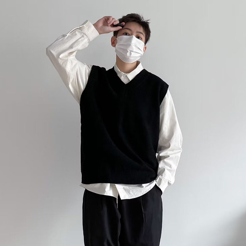 日系叠穿无袖马甲男秋冬季宽松V领针织衫坎肩背心毛衣内搭打底衫