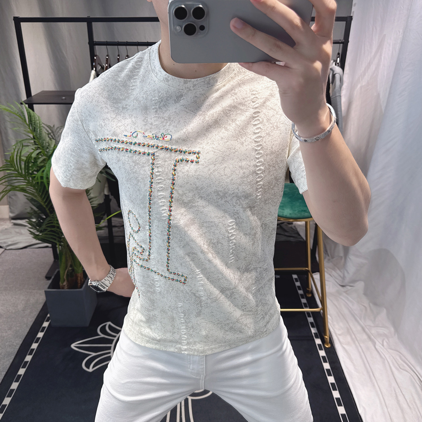 欧洲站高端美式刺绣短袖t恤男