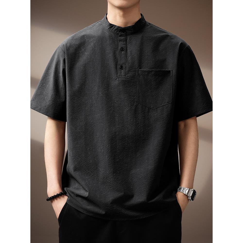 高端中山领复古泡泡纱Polo衫男士2025夏季薄款凉感五分短袖T恤男