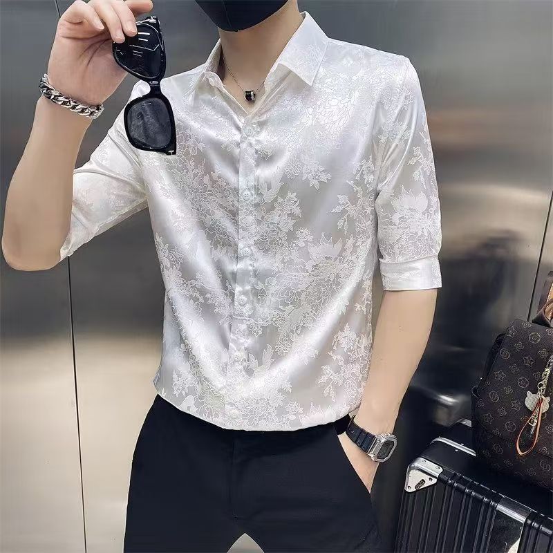 桑蚕丝男士高端衬衫短袖2025新款夏季潮流印花修身薄款冰丝衬衣男