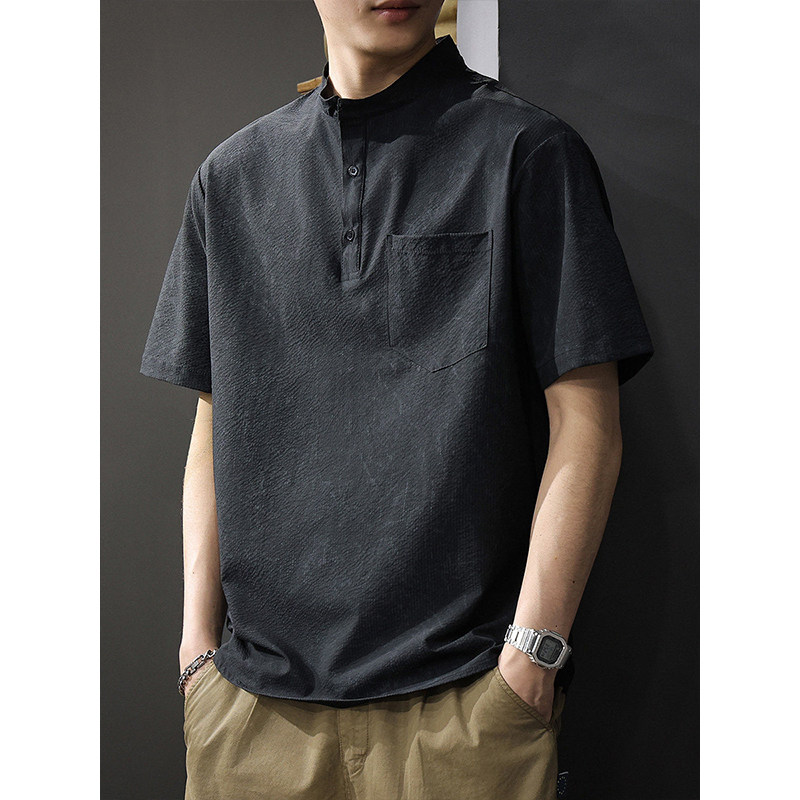 220G美式重磅亨利领短袖t恤男士polo衫宽松透气凉感半袖立领体恤