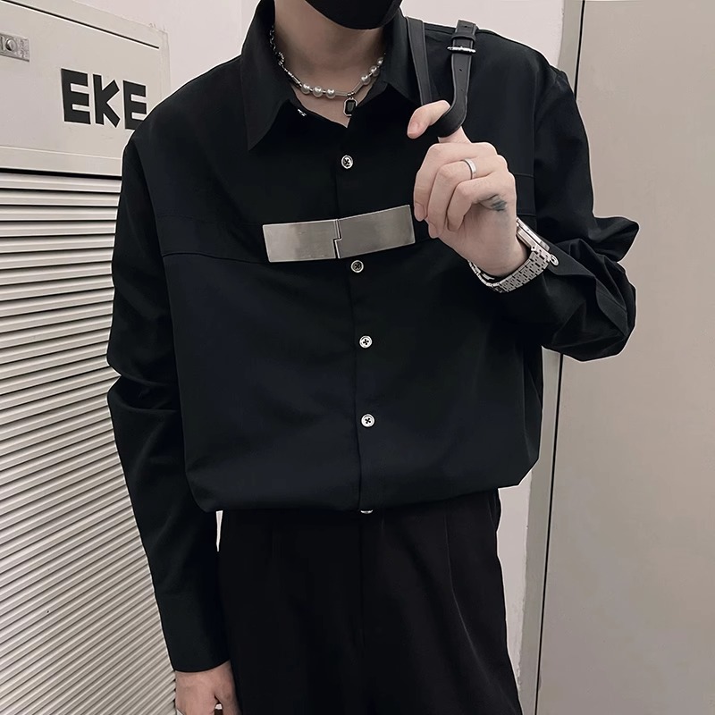 长袖衬衫男款小众设计感金属饰品痞帅衬衣修身潮流休闲青年高品质