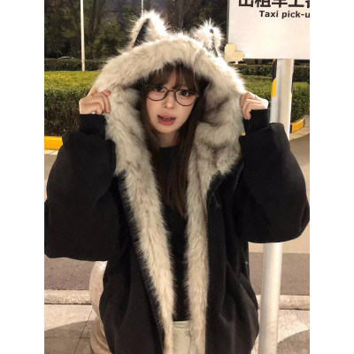 座山雕毛茸茸猫耳朵棉服外套女2025冬季新款复古加绒加厚冬季棉衣