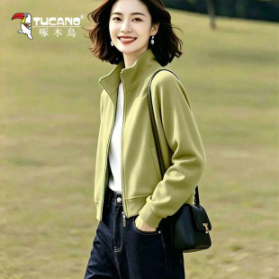 啄木鸟立领开衫卫衣女2026新款春秋款短款休闲外套小个子宽松上衣