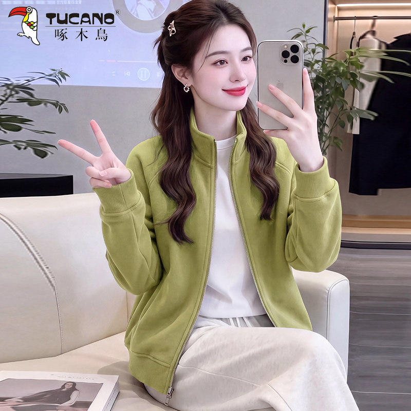 啄木鸟春秋立领拉链短款卫衣女
