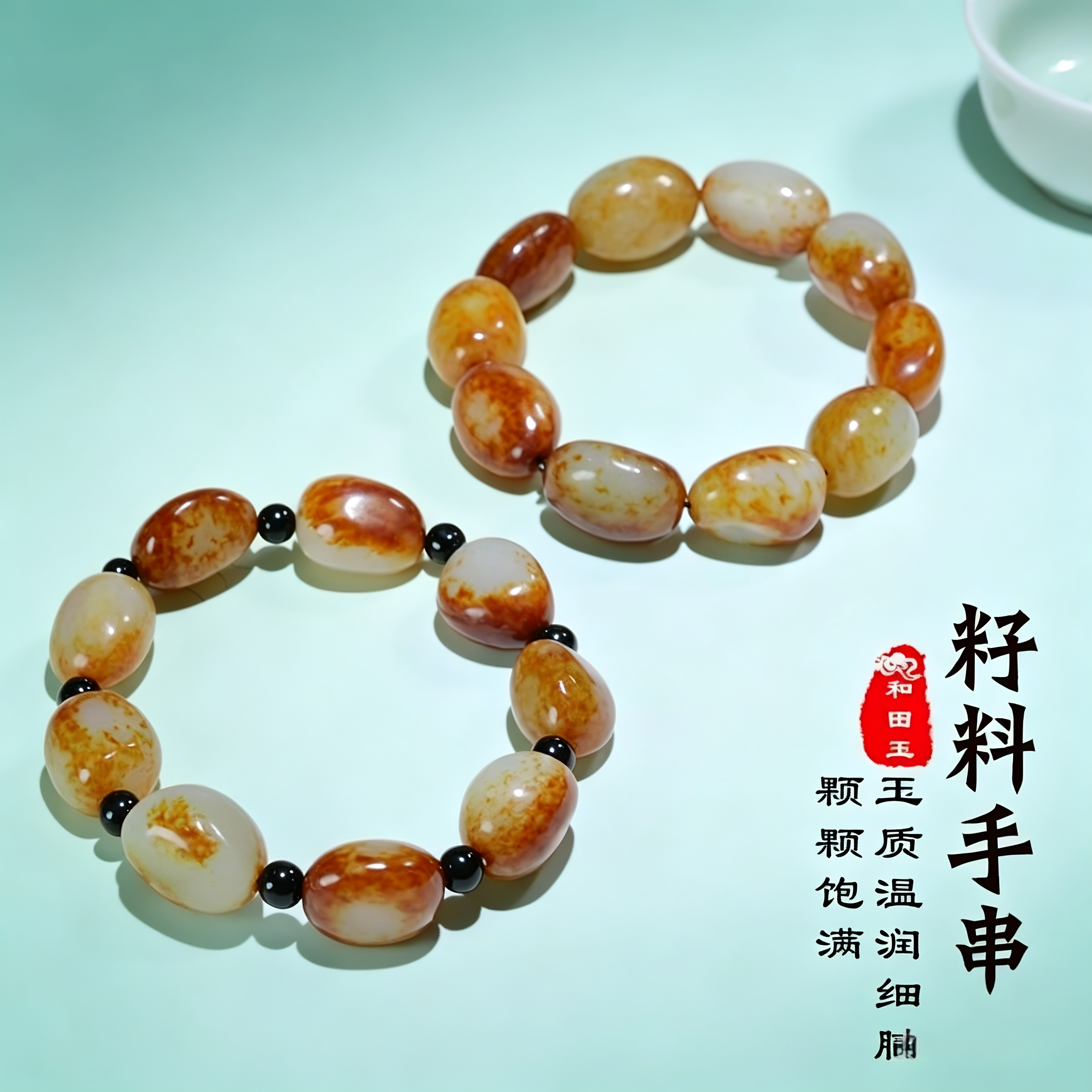 天然新疆和田玉籽料手串红皮白肉籽料