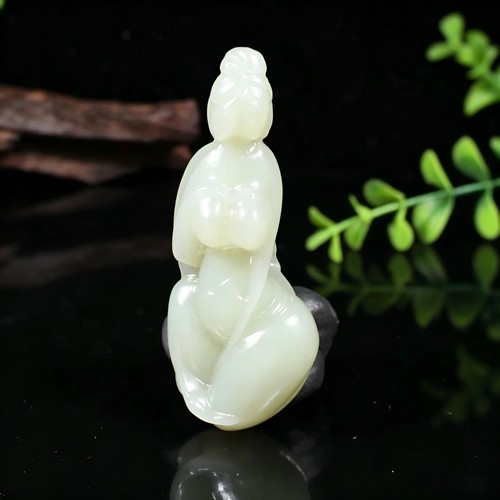 天然羊脂白玉玉贵人挂件青白玉美女仕女把件玉石吊坠文玩收藏饰品