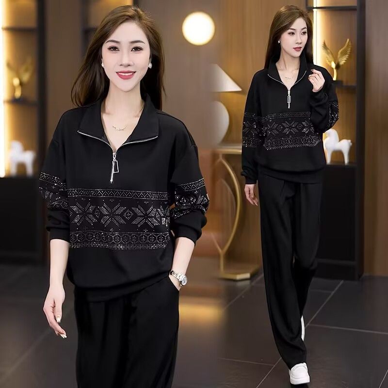 2025妈妈装秋季大码女秋遮肚子装烫钻休闲套装减龄运动服两件套女