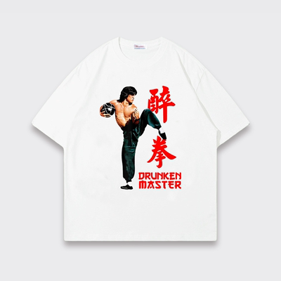 纯棉卡通成龙醉拳印花短袖T恤男女宽松圆领白色上衣潮牌