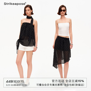STRIKE A POSE 梭织黑波点挂脖抹胸女微弹设计感宽松A字印花上衣