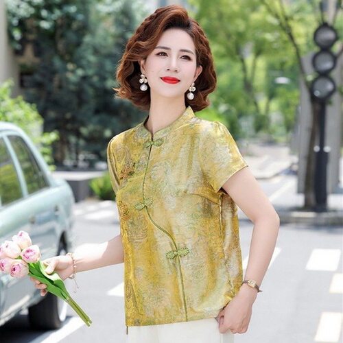 新中式妈妈夏装短袖衬衫新款t恤女洋气小衫国风上衣服中老年女装