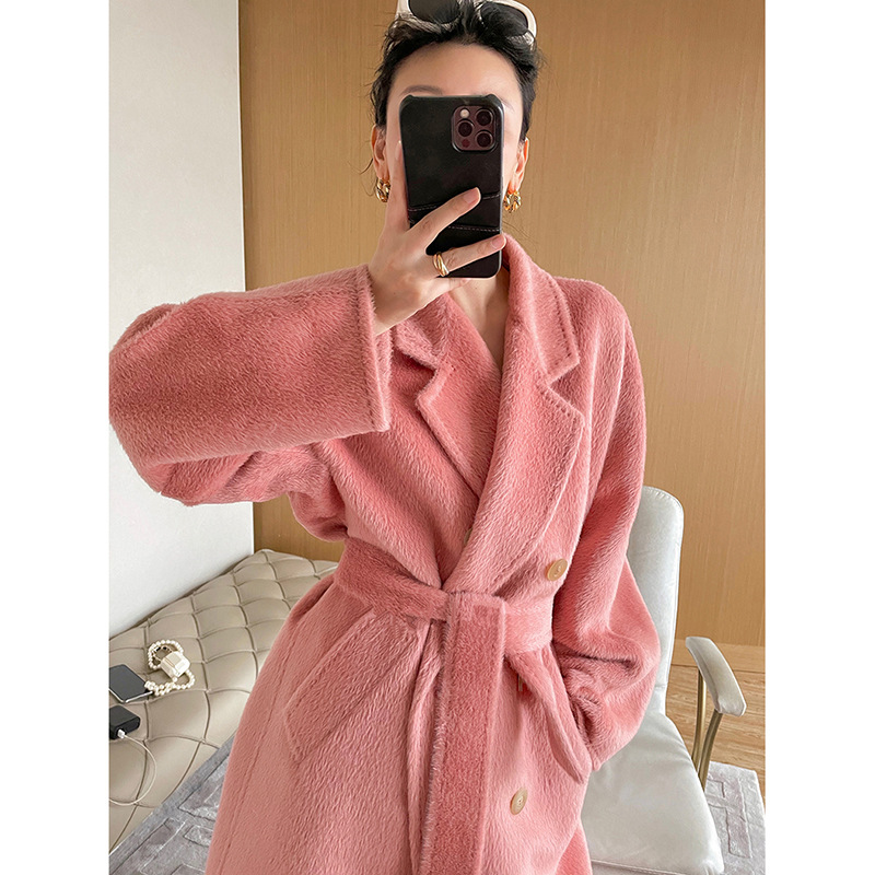 严选白色羊绒大衣女中长款100%苏力羊驼毛冬季加厚保暖毛呢外套