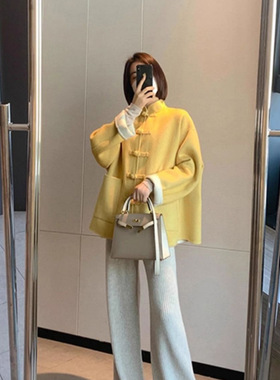 新中式国风黄色毛呢外套女秋冬休闲时尚宽松小个子百搭长袖上衣冬