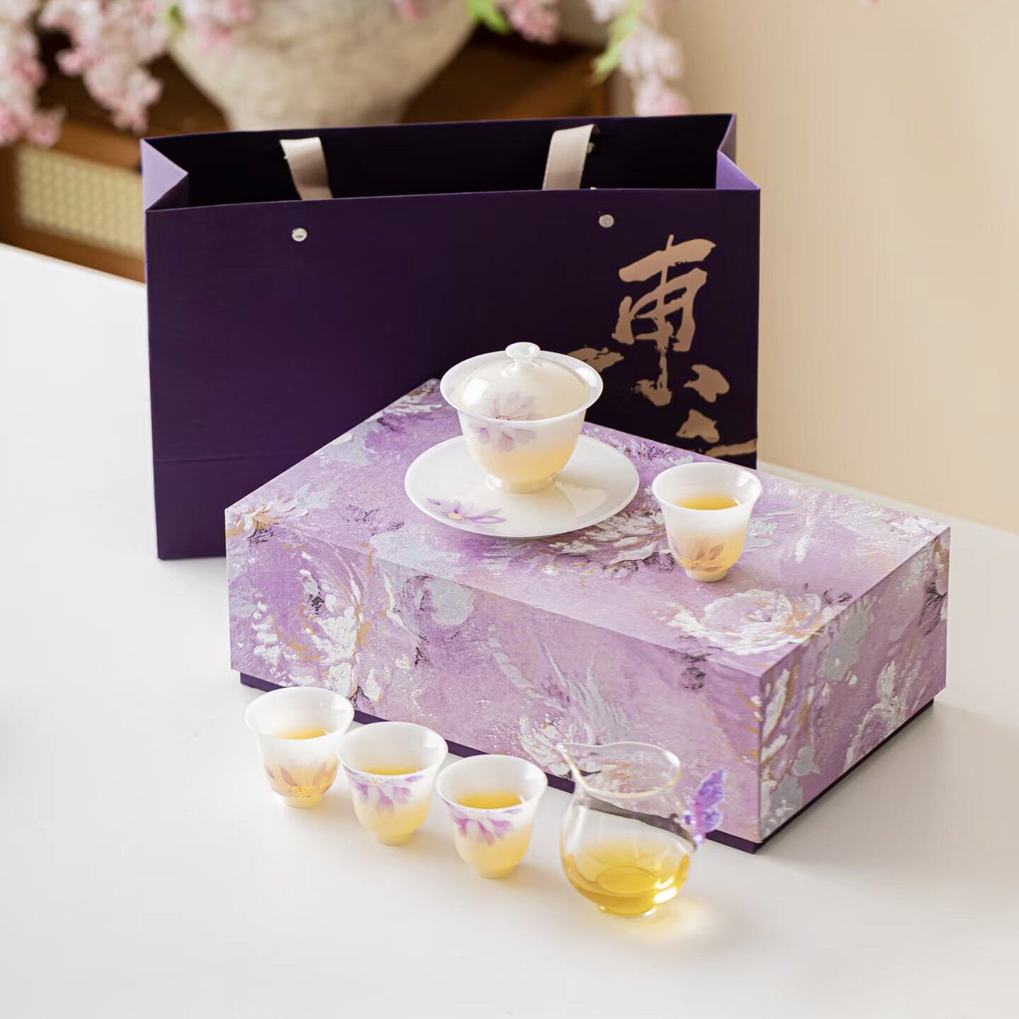 寒舍紫色手绘莲花陶瓷功夫茶具璞玉冰种玉瓷盖碗茶杯套装轻奢