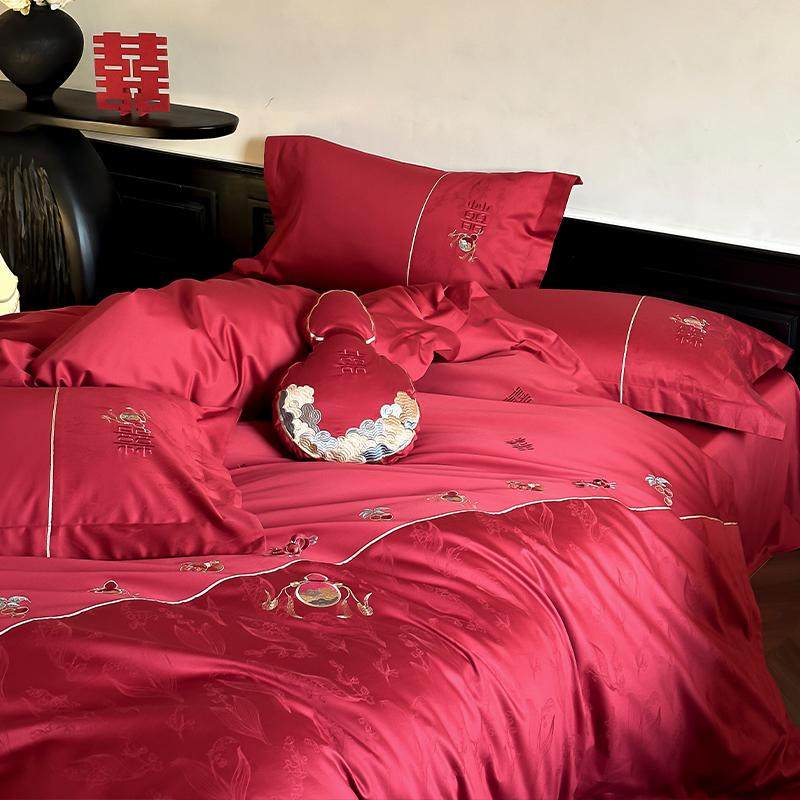 中式婚庆100S全棉长绒棉四件套福禄刺绣床单被套红色提花纯棉床品,床上用品,婚庆床品套件,淘宝优惠券,粉丝福利购,淘宝优惠卷