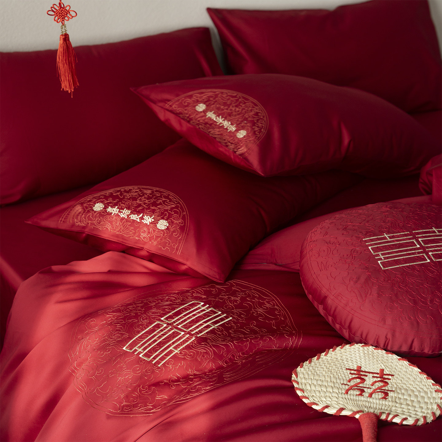 新中式婚庆100S全棉长绒棉四件套纯棉喜字刺绣被套嫁娶床单床笠款