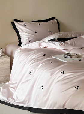 轻奢少女100S天丝棉四件套复古樱桃刺绣被套床单春夏新品床笠床品