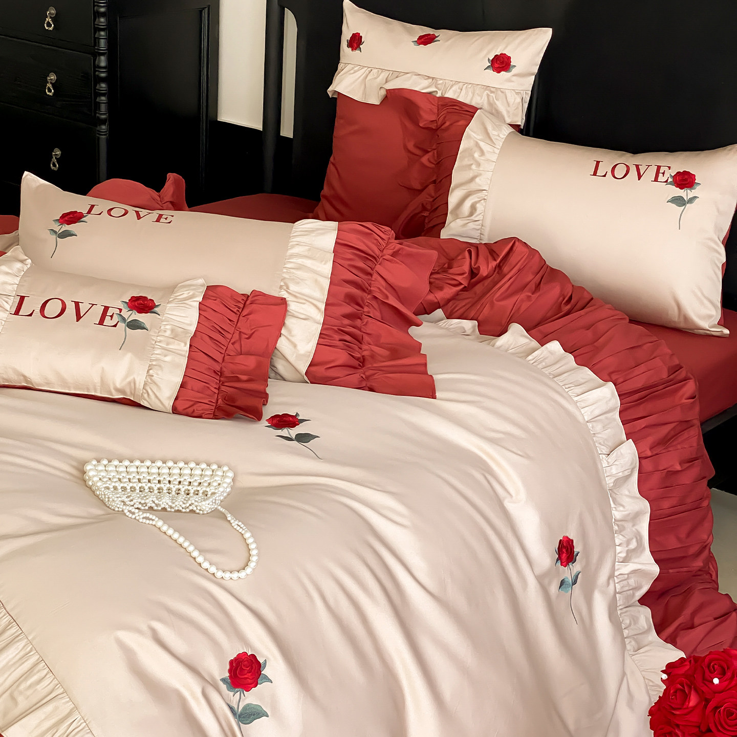 法式红色100S全棉四件套浪漫玫瑰刺绣被套纯棉床单床笠婚庆床品