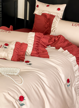 法式红色100S全棉四件套浪漫玫瑰刺绣被套纯棉床单床笠婚庆床品