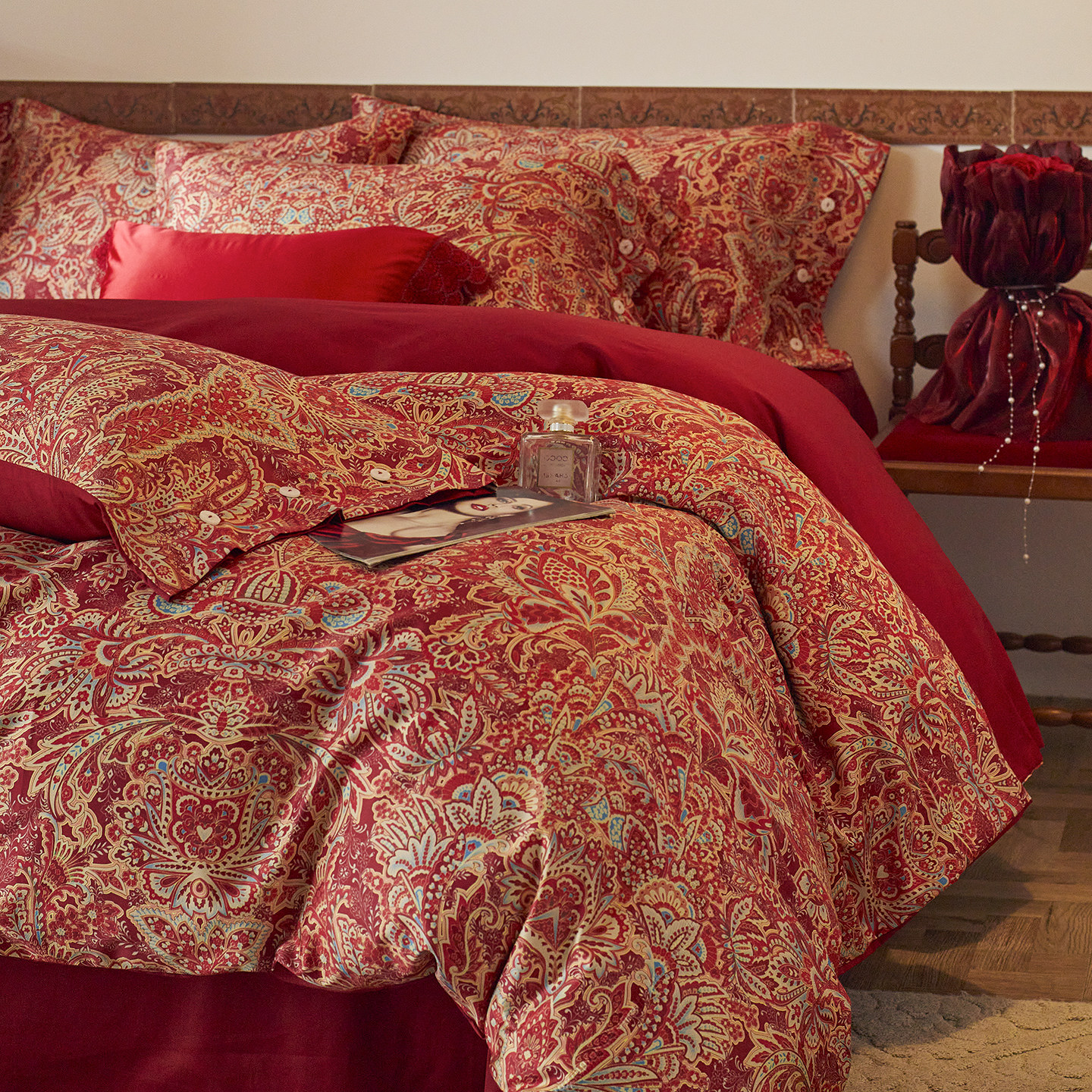 典藏印花~婚庆100S全棉长绒棉四件套纯棉大红色被套床单床笠床品