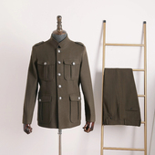 羊毛呢西服套装 秋冬新款 重磅复古占领工装 绅士军绿色西服两件套男