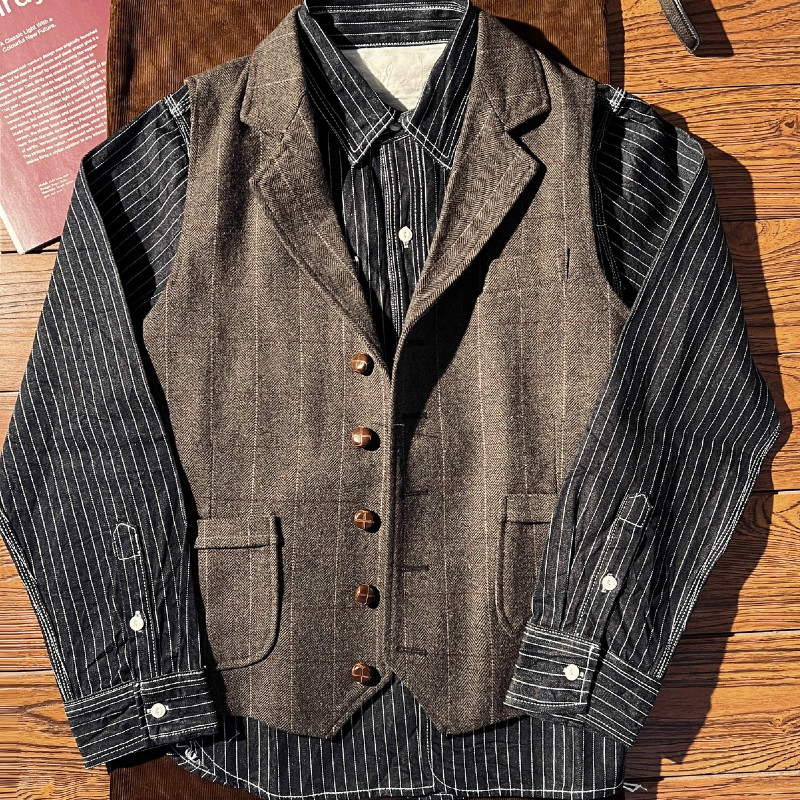英伦复古粗花呢西装马甲男秋冬羊毛人字纹背心古着咔叽大码坎肩潮