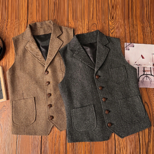 背心外套 马甲男羊毛粗花呢坎肩咔叽英伦风西装 秋冬美式 复古猎装
