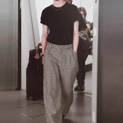 自制长裤阔腿休闲裤千鸟格